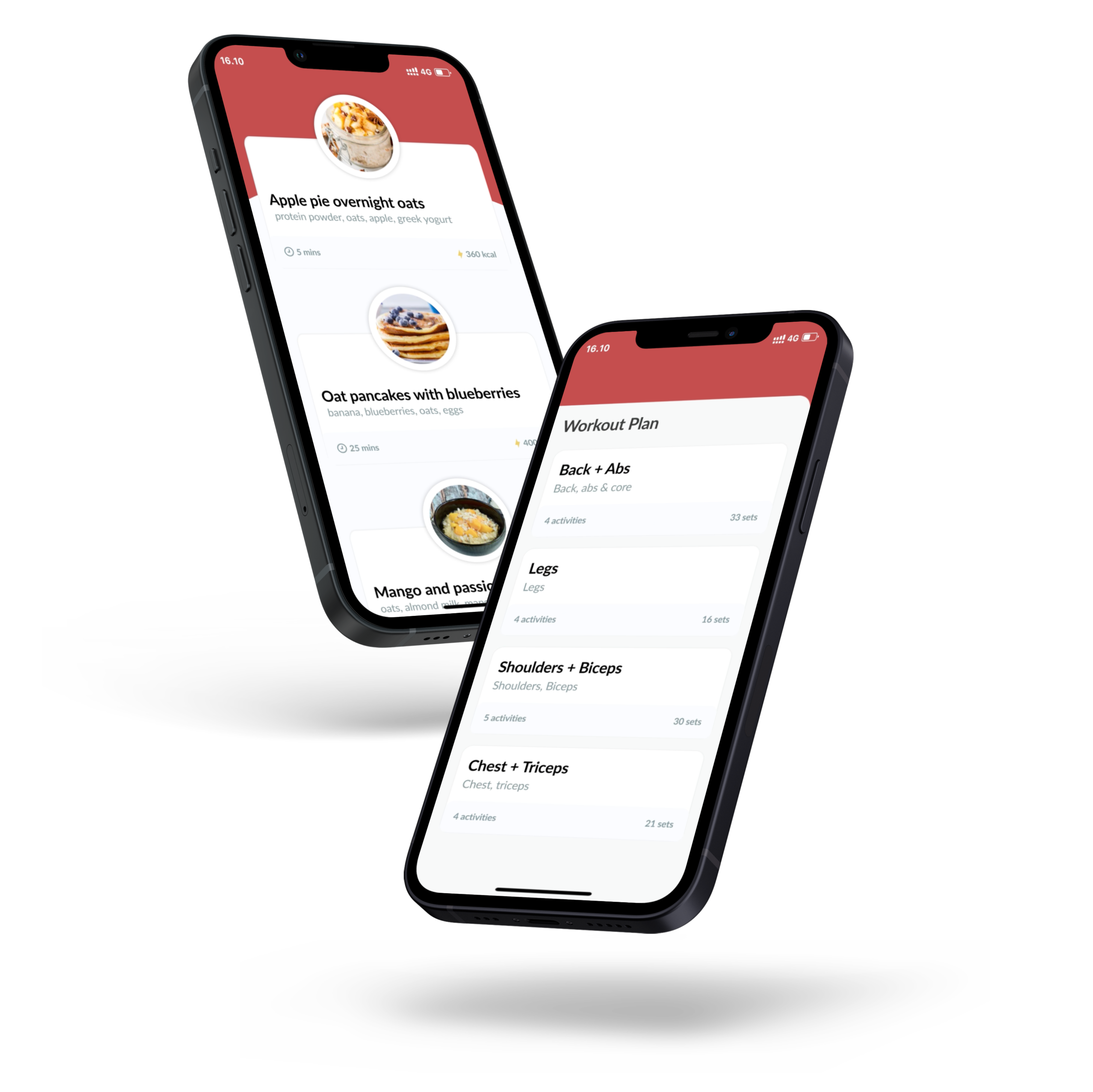 Meal and workout sections of the app being displayed on 2 different iphones